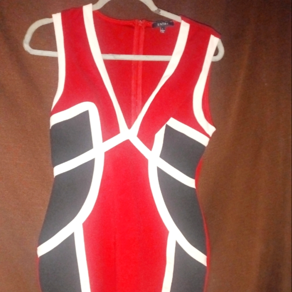 Entry Dress, Large Red with black and beige abstract colors
